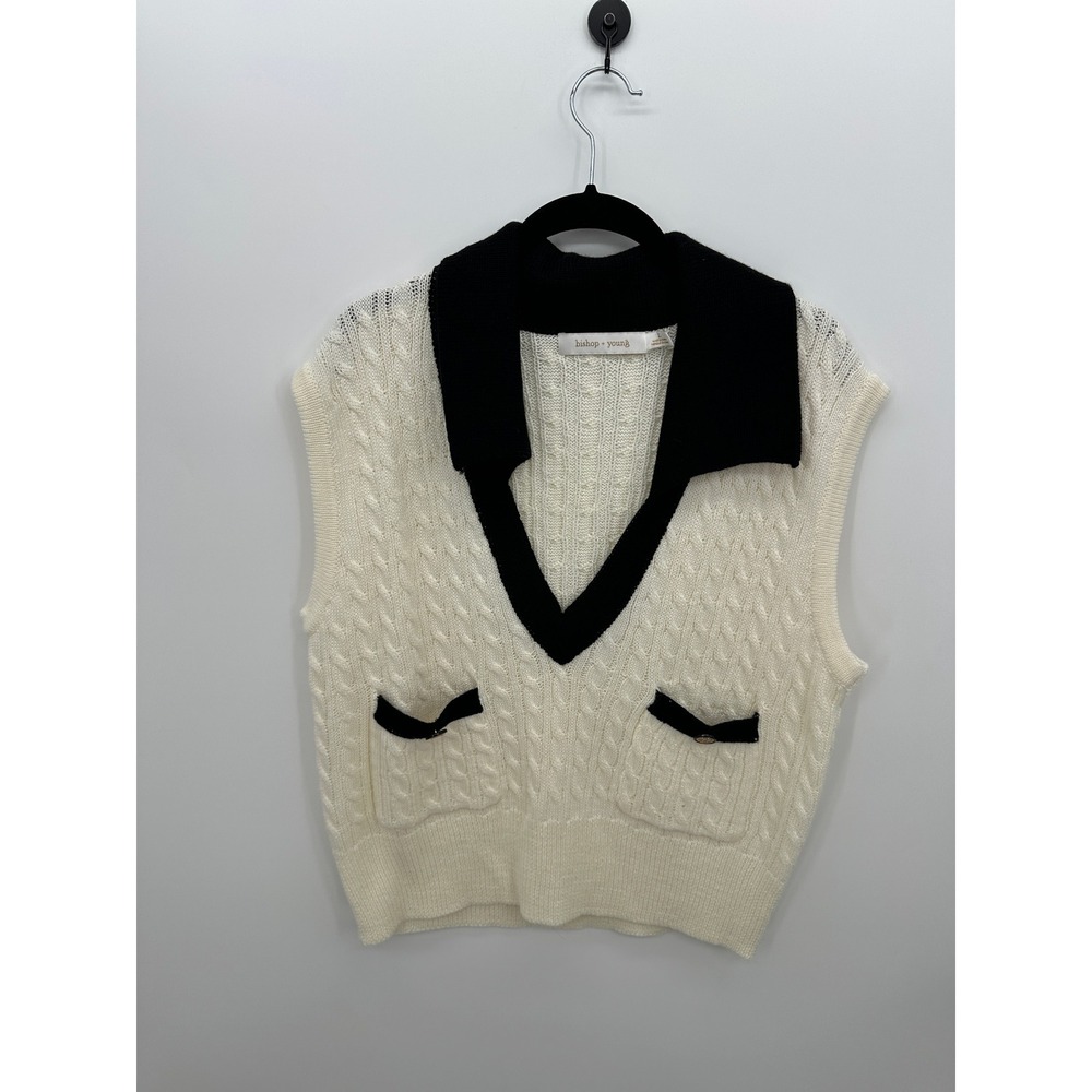 Bishop + Young Cable Knit Sweater Vest Womens Large Ivory Black Collared Preppy